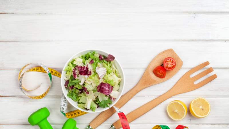 healthy food and exercise equipment
